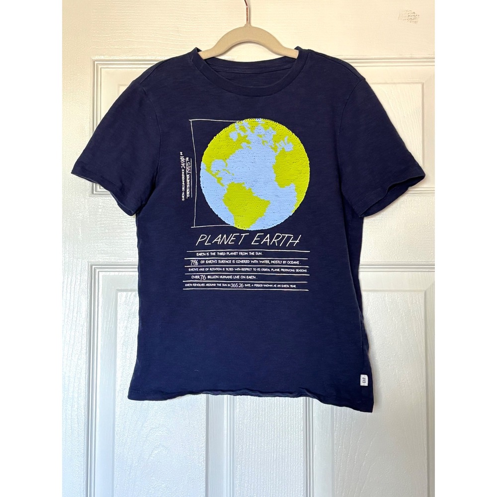 Gap Kids Planet Earth Flip Sequin Graphic T-Shirt Navy Blue Size M